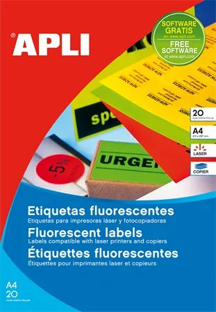 Etikety, 210x297 mm, farebné, APLI, neónové červené, 20 etikiet/bal 2