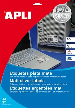 Etikety, 210x297 mm, polyester, odolné voči poveternostným podmienkam, APLI, strieborné, 20 etikiet/bal 2