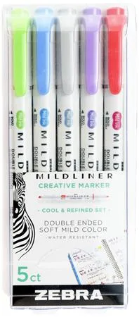 Zvýrazňovač, sada, 1,0/3,5 mm, obojstranný, ZEBRA "Mildliner Cool & Refined", 5 farieb 2