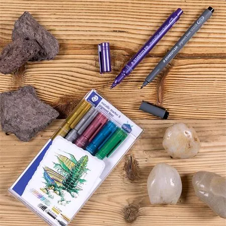 Dekoračný popisovač, 1-2 mm, kužeľový hrot, STAEDTLER "8323", 6 rôznych kovových farieb, darček: čierne tušové pero 3