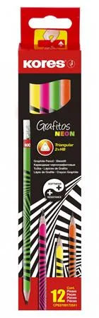 Grafitová ceruzka s gumou, HB, trojhranný tvar, KORES "Neon" 2