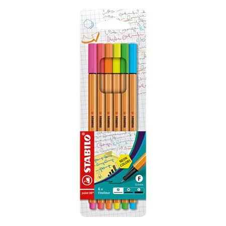 Liner, sada,  0,4 mm, STABILO "Point 88", 6 neónových farieb 2