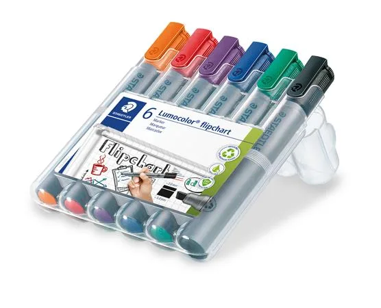 Popisovač na flipchartové tabule, 2 mm, kužeľový hrot, STAEDTLER "Lumocolor 356", 6 rôznych farieb 2