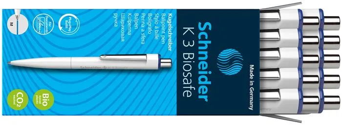 Guľôčkové pero, 0,5 mm, stláčací mechanizmus, SCHNEIDER "K3 Biosafe", modrá 4