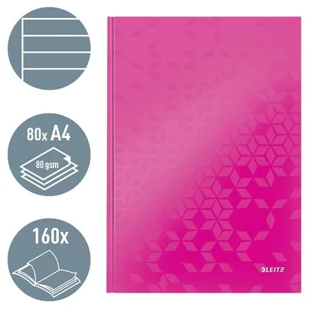 Záznamová kniha, A4, linajková, 80 listov, tvrdá obálka, LEITZ "Wow", ružová 2
