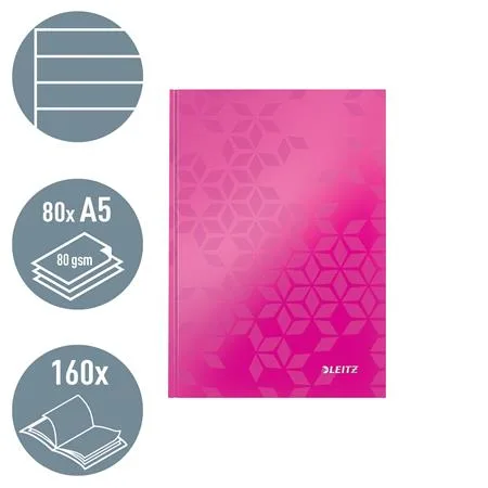 Záznamová kniha, A5, linajková, 80 listov, tvrdá obálka, LEITZ "Wow", ružová 2