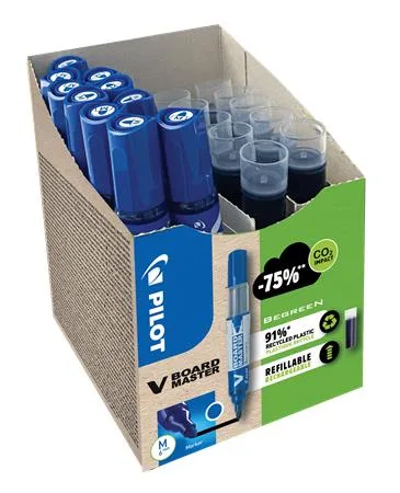 Popisovač na tabule, 2,3 mm, kužeľový hrot, PILOT "V-Board Master, Bonus Pack", modrá + náplň 2