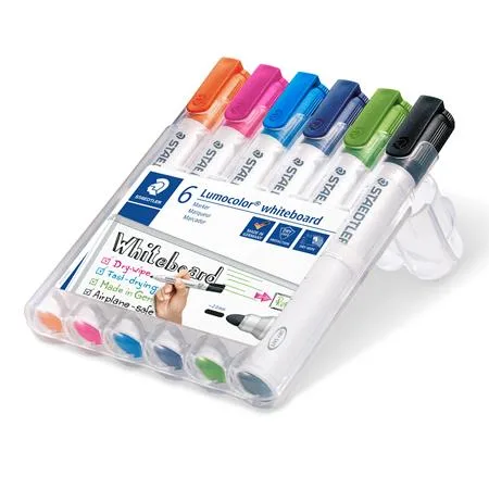 Popisovač na tabule, sada, 2mm, kužeľovitý, STAEDTLER "Lumocolor 351", 6 rôznych farieb 2