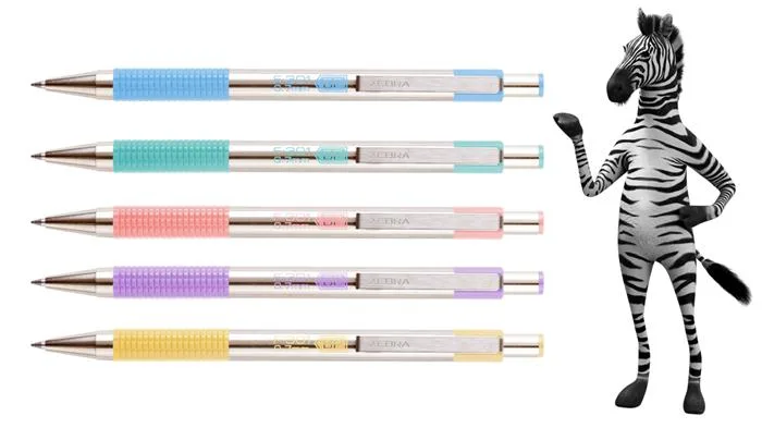 Guľôčkové pero, 0,24 mm, stláčací mechanizmus, nerezová oceľ, farba tela: pastelová modrá, ZEBRA "F-301", modré 2