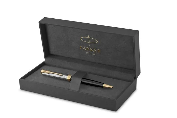 Guľôčkové pero, 1 mm, telo pera: kovová čierna, zlatý klip, PARKER "Royal Sonnet Premium", čierna 3