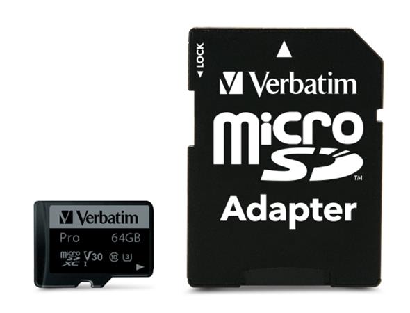 Pamäťová karta, microSDXC, 64 GB, CL10/U3, 90/45 MB/s, s adaptérom, VERBATIM "PRO" 2
