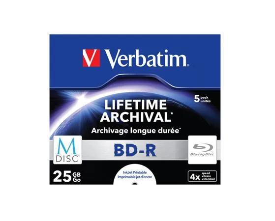 BD-R BluRay disk, archivačný, potlačiteľný, M-DISC, 25GB, 4x, 1 ks, klasický obal, VERBATIM 2