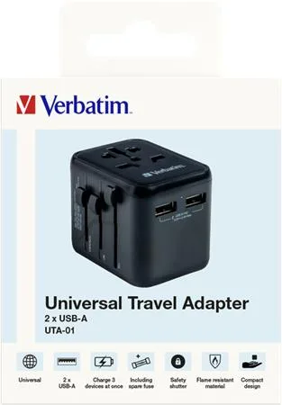 Cestovný adaptér, univerzálny, 2xUSB, VERBATIM "UTA-01" 4