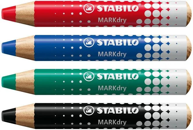 Suchý popisovač na tabuľu a flipchart, kužeľový hrot, STABILO "MARKdry", 4 rôzne farby s utierkou a strúhadlom 2