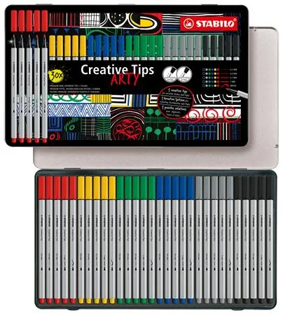 Liner, sada, v kovovej krabičke, STABILO "Creative Tips ARTY", 6 rôznych farieb, 5 rôznych hrúbok 2