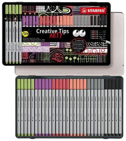 Liner, sada, v kovovej krabičke, STABILO "Creative Tips ARTY", 6 rôznych pastelových farieb, 5 rôznych hrúbok 2