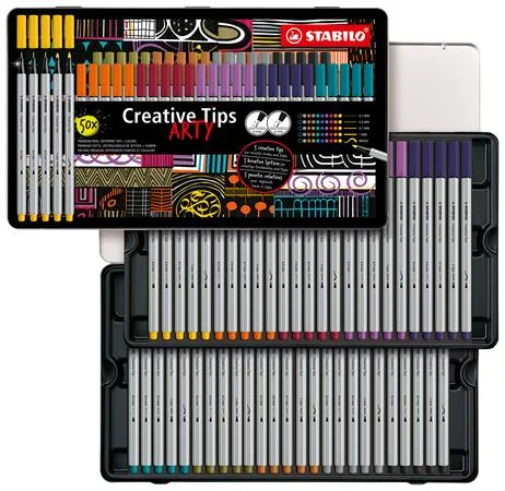 Liner, sada, kovová krabička, STABILO "Creative Tips ARTY", 10 rôznych farieb, 5 rôznych hrúbok 2
