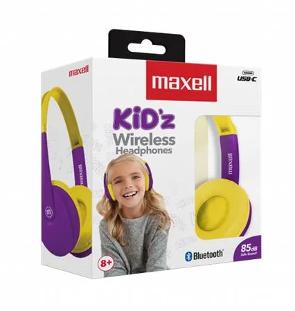 Náhlavné slúchadlá, detský rozmer, bezdrôtové, Bluetooth, s mikrofónom, MAXELL "HP-BT350", fialová-žltá 2