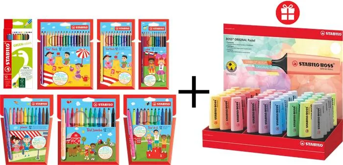 Farebné ceruzky, fixky, sada, STABILO, 6x 7 rôznych produktov+darček: zvýrazňovač, displej "Boss Pastel", 45 ks 3