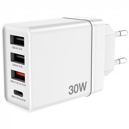 Sieťová nabíjačka, 1xUSB-C PD (20W), USB-A QC 3.0, 2xUSB-A (10W), VERBATIM, biela 2