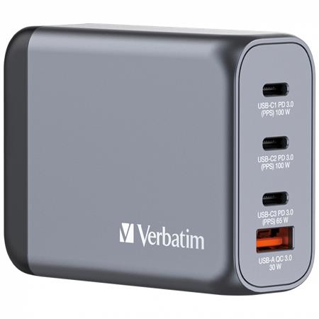 Sieťová nabíjačka, 2xUSB-C PD (100W), USB-C PD (65W), USB-A QC 3.0, EU/UK/US, GaN, VERBATIM 5