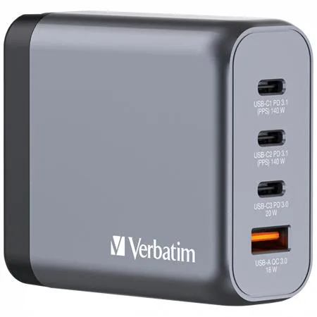 Sieťová nabíjačka, 2xUSB-C PD (140W), USB-C PD (20W), USB-A QC 3.0, EU/UK/US, GaN, VERBATIM 5