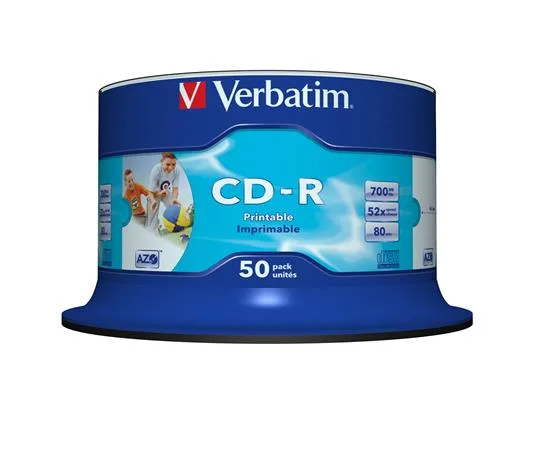 CD-R disk, potlačiteľný, matný, no-ID, AZO, 700MB, 52x, 50 ks, cake box, VERBATIM 2