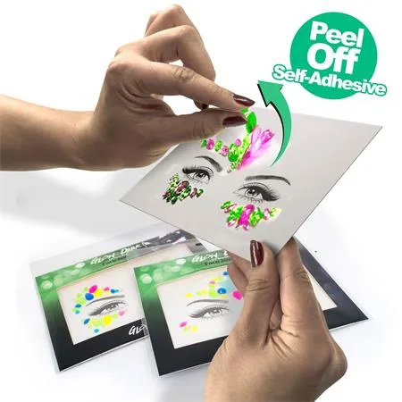 Šperky na tvár, sada, samolepiace, fluoreskujúce pod UV svetlom, „"Glow in the dark", neónové farby 4