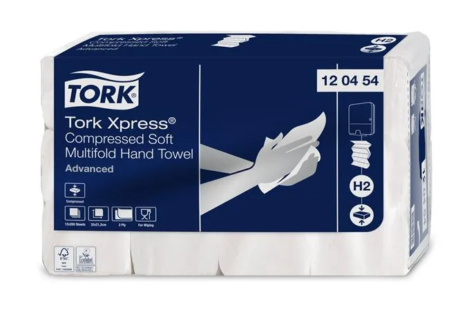Papierové utierky, stlačené, Interfold, 2-vrstvové, 200 útržkov, H2 systém, TORK "Xpress Soft Multifold", biela 2