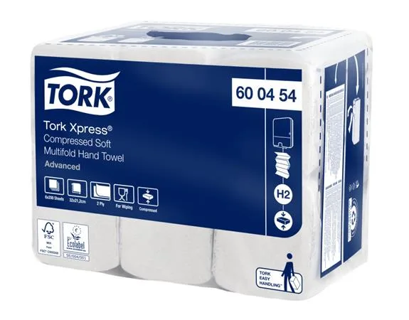 Utierky, stlačené, Interfold, 2-vrstvové, 200 útržkov, systém H2, Advanced, TORK "Xpress Soft Multifold", biela 2