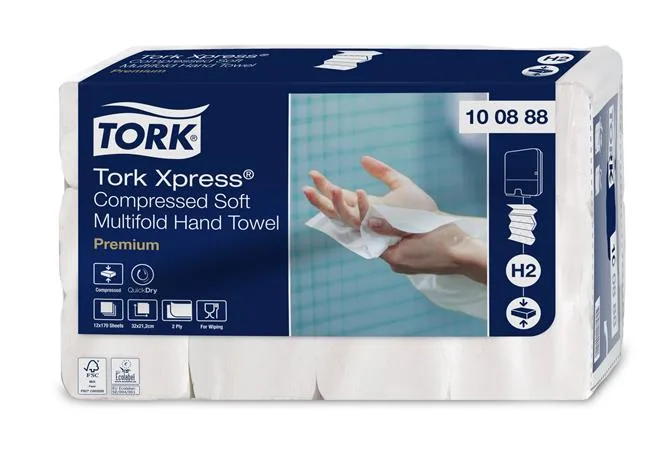 Papierové utierky, stlačené, Interfold, 2-vrstvové, 170 útržkov, H2 systém, Premium, TORK "Xpress Soft Multifold", biela 2