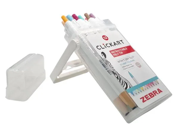 Popisovač, sada, stláčací mechanizmus, 0,6 mm, ZEBRA "Clickart" 12 rôznych pastelových farieb 2