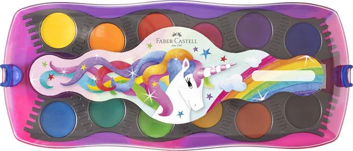 Vodové farby, 12-kusové, skladacie, FABER-CASTELL "Jednorožec" + 1 tuba bielej temperovej farby + nálepky jednorožca 2
