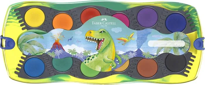 Vodové farby, 12-kusové, skladacie, FABER-CASTELL "Dinosaurus" + 1 tuba bielej temperovej farby + nálepky dinosaura 2