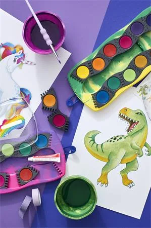 Vodové farby, 12-kusové, skladacie, FABER-CASTELL "Dinosaurus" + 1 tuba bielej temperovej farby + nálepky dinosaura 5