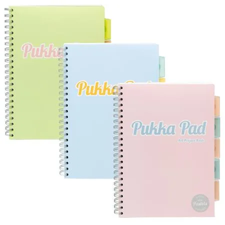 Špirálový zošit, A4, linkovaný, 100 listov, PUKKA PAD "Pastel project book", mix farieb 7