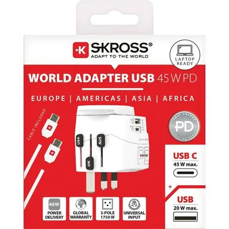 Adaptér pre svetových cestovateľov, 1xUSB-A, 1xUSB-C PD, 45W, USB-C kábel, SKROSS 4