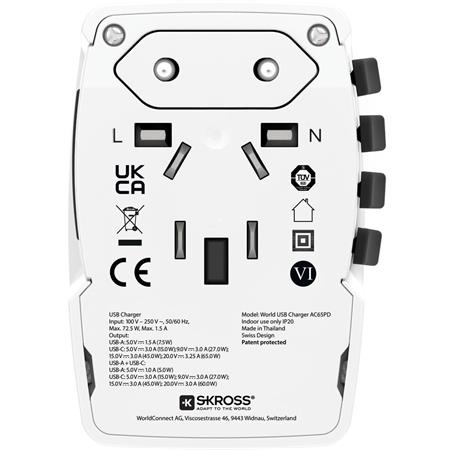 Sieťová nabíjačka pre cestovateľov, 1× USB-A, 1× USB-C PD, 65 W, USB-C kábel, SKROSS 3