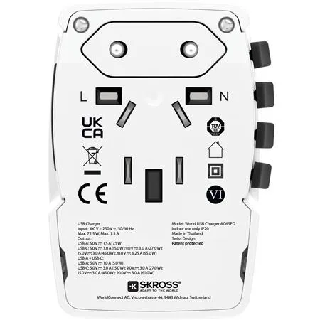 Sieťová nabíjačka pre cestovateľov, 1× USB-A, 1× USB-C PD, 65 W, USB-C kábel, SKROSS 3