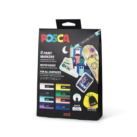 Dekoračný popisovač, sada, 1,8-2,5 mm, UNI "Posca Pouch PC-5M", 8 rôznych farieb, v puzdre 3