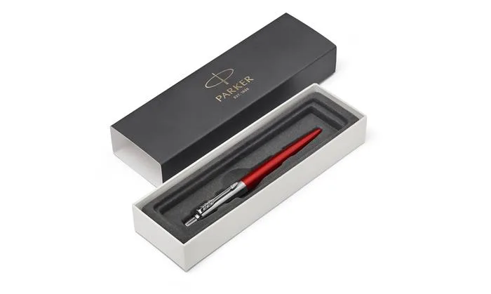 Guľôčkové pero, 0,7 mm, strieborný klip, Kensington červené telo pera, PARKER, "Royal Jotter", modré 2