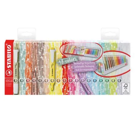 Zvýrazňovač, sada, 1-4 mm, STABILO "Swing Cool", 18 -kusová stolová sada 2