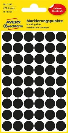 Etikety, okrúhle, priemer: 12 mm, AVERY ZWECKFORM, čierne, 270 etikiet/bal 2