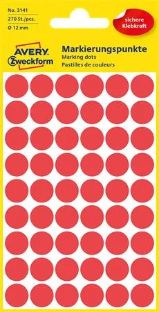 Etikety, okrúhle, priemer: 12 mm, AVERY ZWECKFORM, červené, 270 etikiet/bal 2