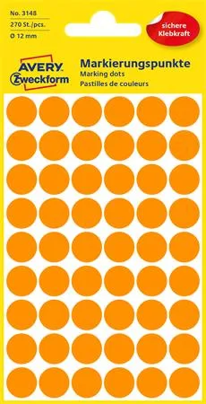 Etikety, okrúhle, priemer: 12 mm, AVERY ZWECKFORM, neónovo oranžové, 270 etikiet/bal 2