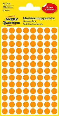 Etikety, okrúhle, priemer: 8 mm, AVERY ZWECKFORM, neónovo oranžové, 416 etikiet/bal 2