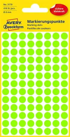 Etikety, okrúhle, priemer: 8 mm, AVERY ZWECKFORM, neónovo zelené, 416 etikiet/bal 2