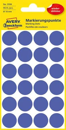 Etikety, okrúhle, priemer: 18 mm, odstrániteľné, AVERY ZWECKFORM, modré, 96 etikiet/bal 2
