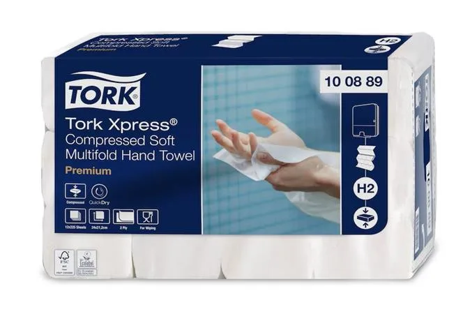 Papierové utierky, stlačené, Interfold, 2-vrstvové, 225 útržkov, H2 systém, Premium, TORK "Xpress Soft Multifold", biele 2