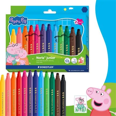 Fixky, sada, 2,5 mm, vyprateľné, jumbo, STAEDTLER „Noris® junior 329”, Peppa Pig, 12 farieb 2
